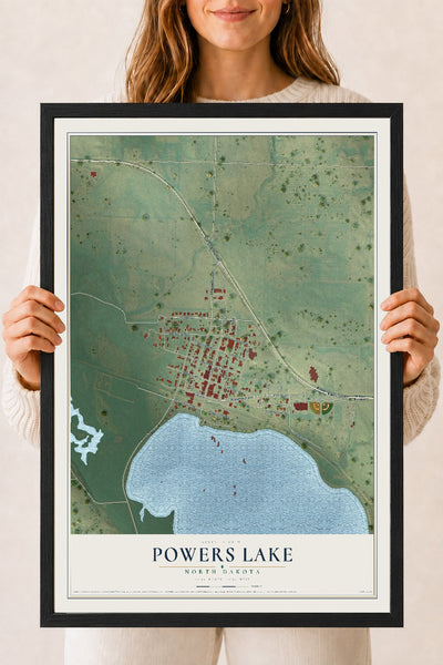Map of Powers Lake, North Dakota, 18 x 24 inch print in a black wood frame