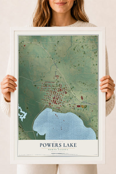 Map of Powers Lake, North Dakota, 18 x 24 inch print in a white wood frame