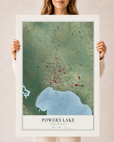 Map of Powers Lake, North Dakota, 24 x 36 inch print in a white wood frame