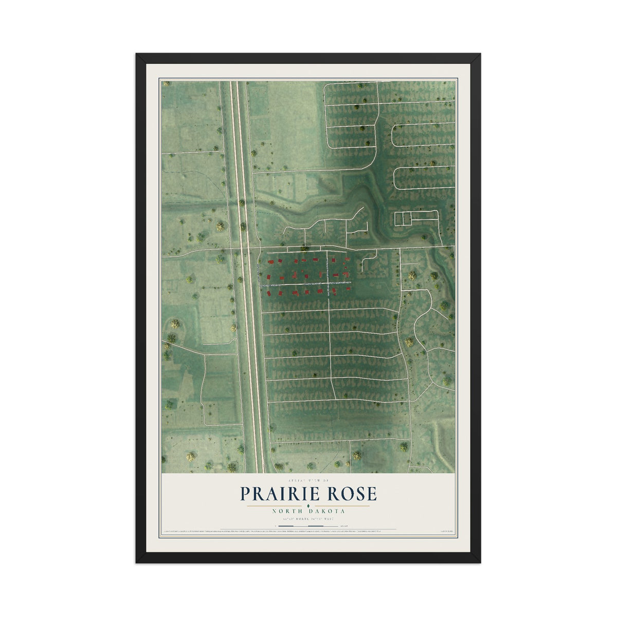 Map of Prairie Rose, North Dakota, 12 x 18 inch print in a black wood frame
