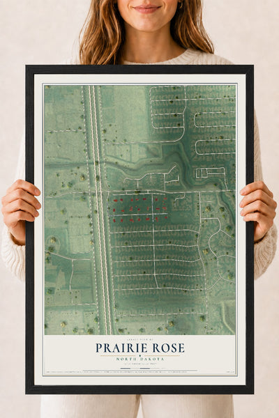 Map of Prairie Rose, North Dakota, 18 x 24 inch print in a black wood frame