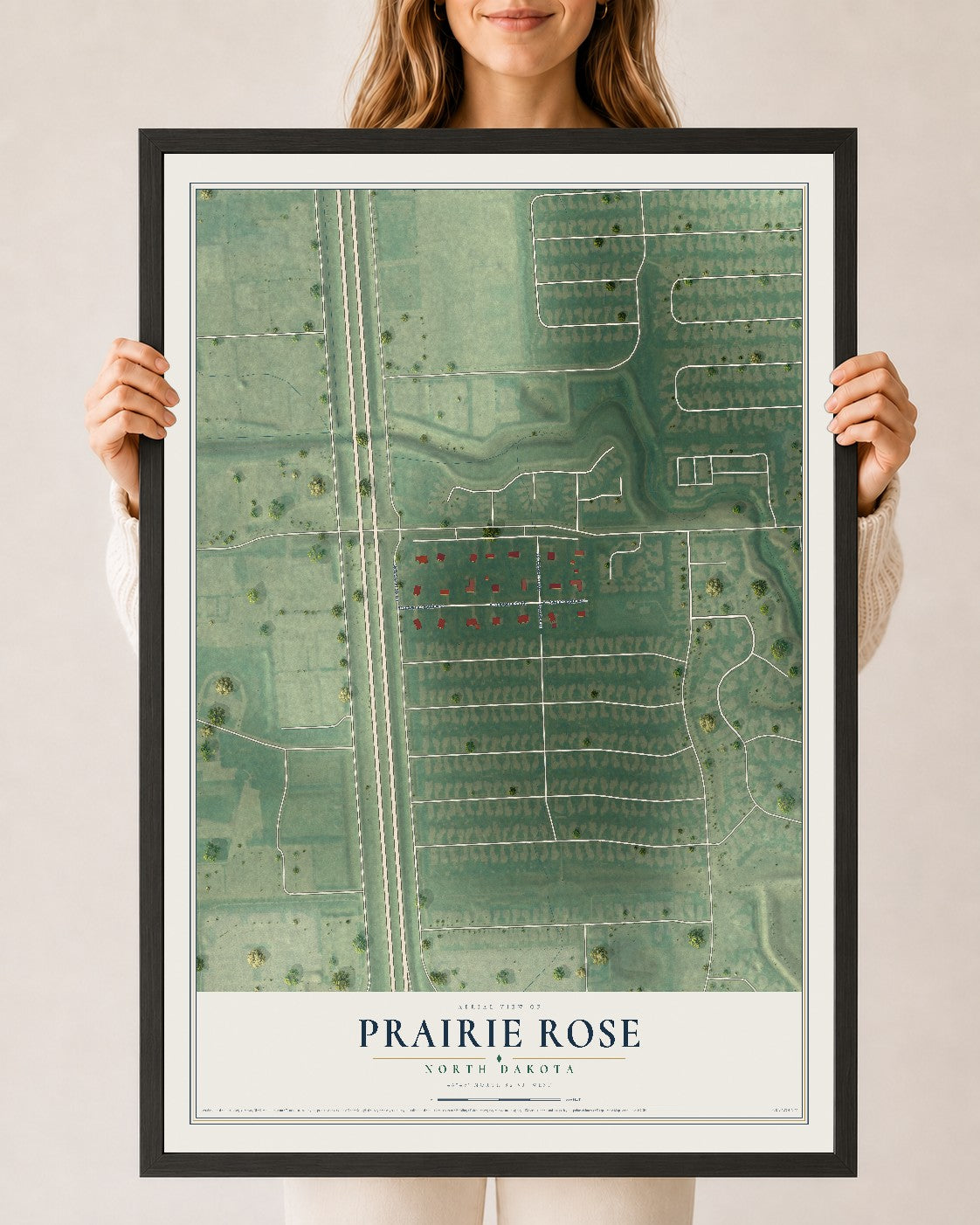 Map of Prairie Rose, North Dakota, 24 x 36 inch print in a black wood frame