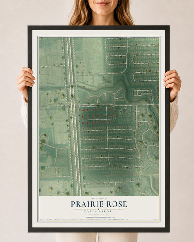 Map of Prairie Rose, North Dakota, 24 x 36 inch print in a black wood frame
