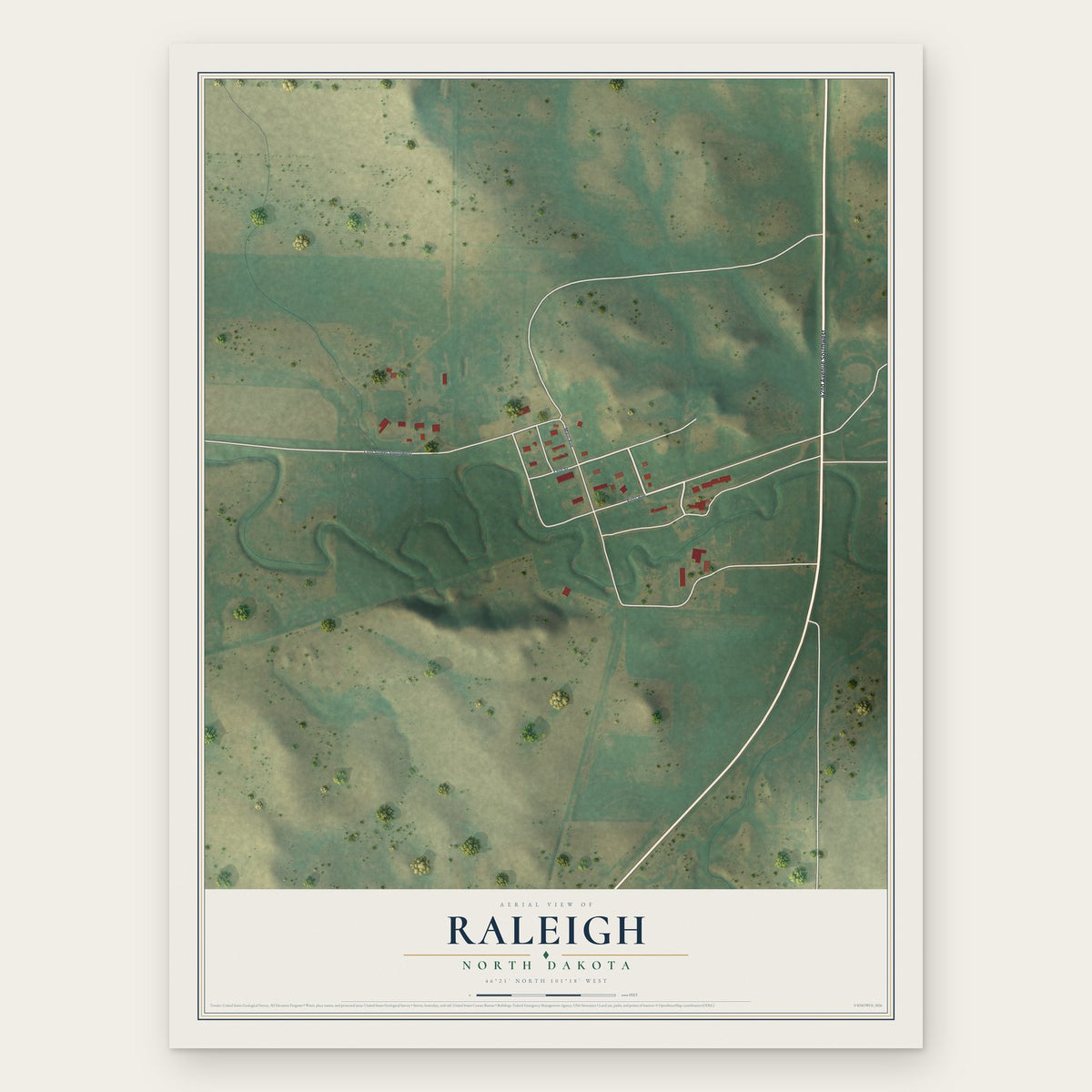 Raleigh, North Dakota map print, the full design