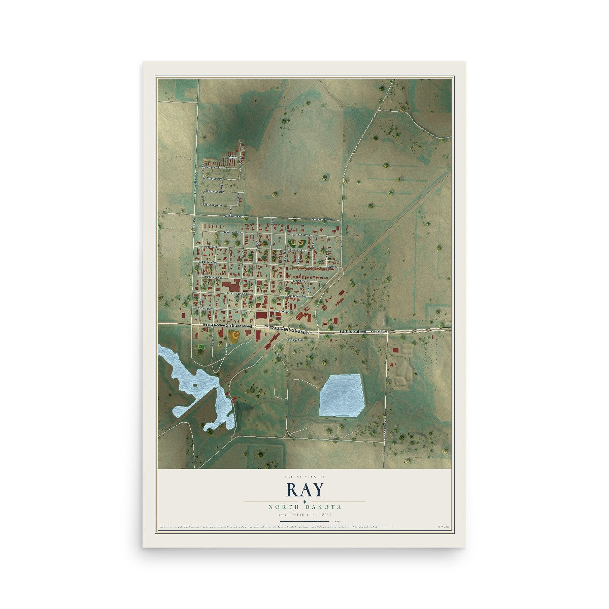 Map of Ray, North Dakota, 12 x 18 inch unframed archival matte print