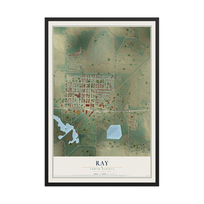 Map of Ray, North Dakota, 12 x 18 inch print in a black wood frame