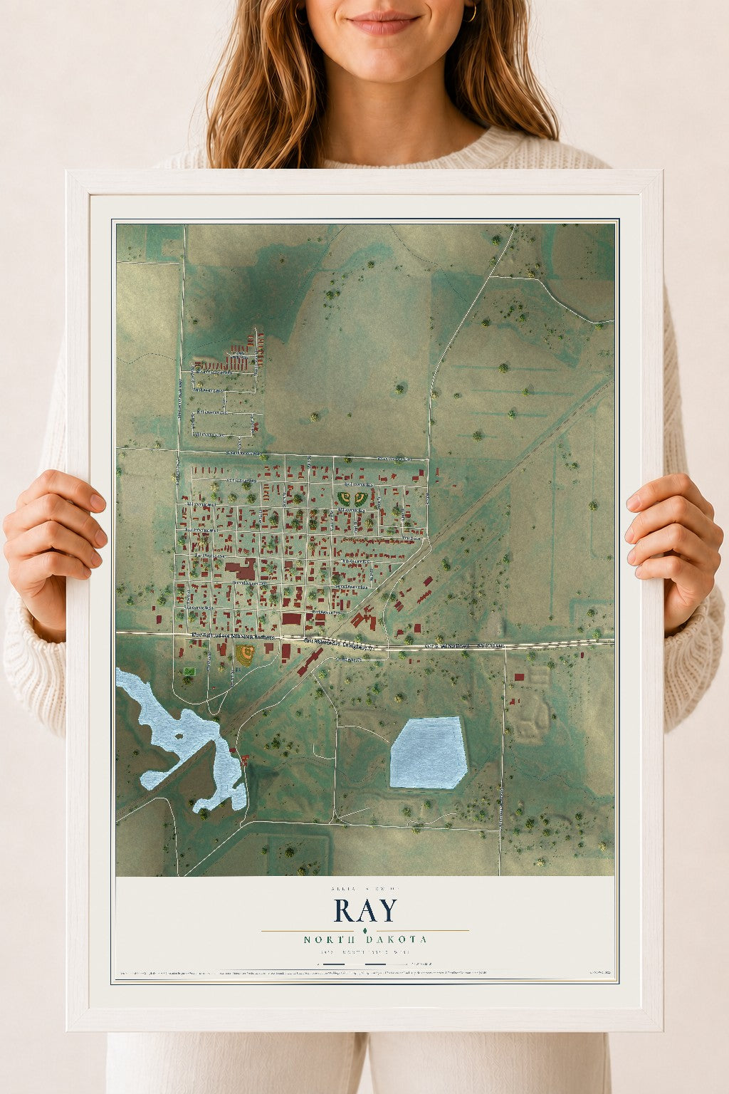 Map of Ray, North Dakota, 18 x 24 inch print in a white wood frame