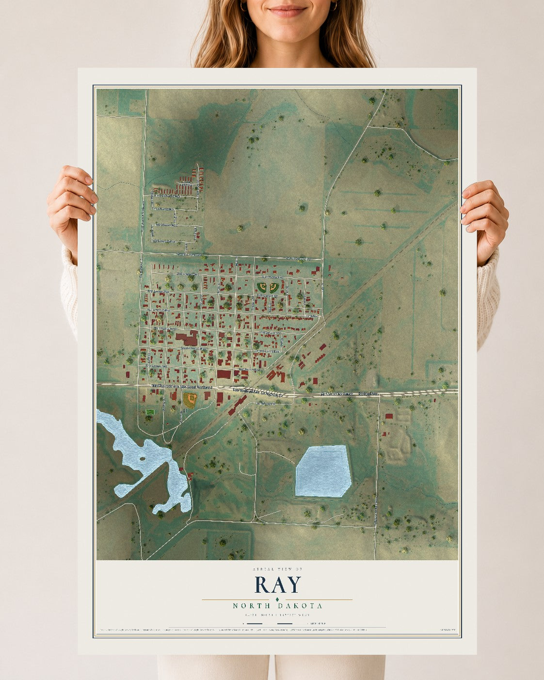 Map of Ray, North Dakota, 24 x 36 inch unframed archival matte print