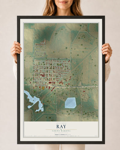 Map of Ray, North Dakota, 24 x 36 inch print in a black wood frame