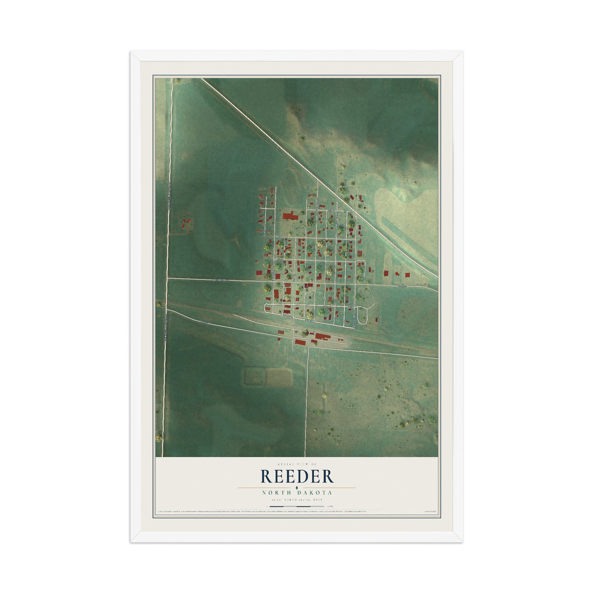 Map of Reeder, North Dakota, 12 x 18 inch print in a white wood frame