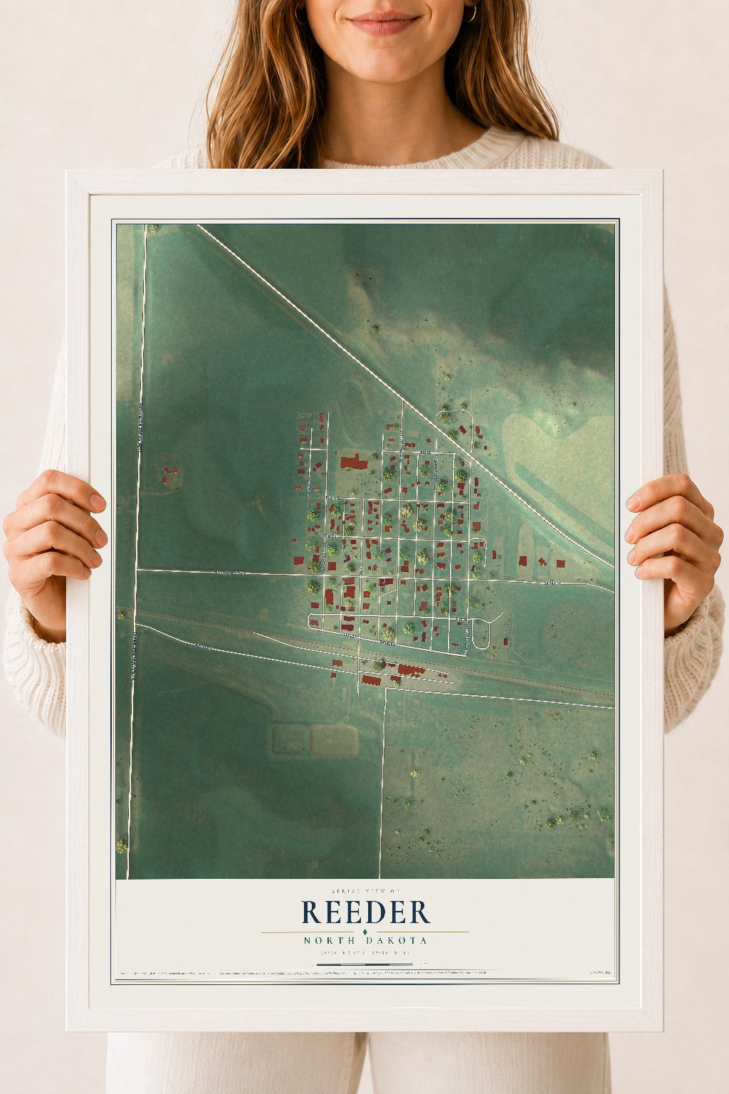 Map of Reeder, North Dakota, 18 x 24 inch print in a white wood frame