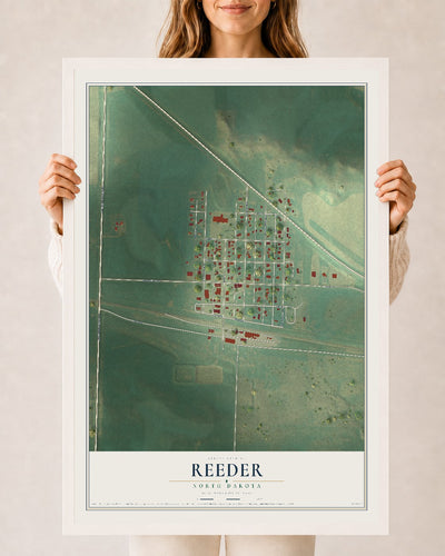 Map of Reeder, North Dakota, 24 x 36 inch print in a white wood frame