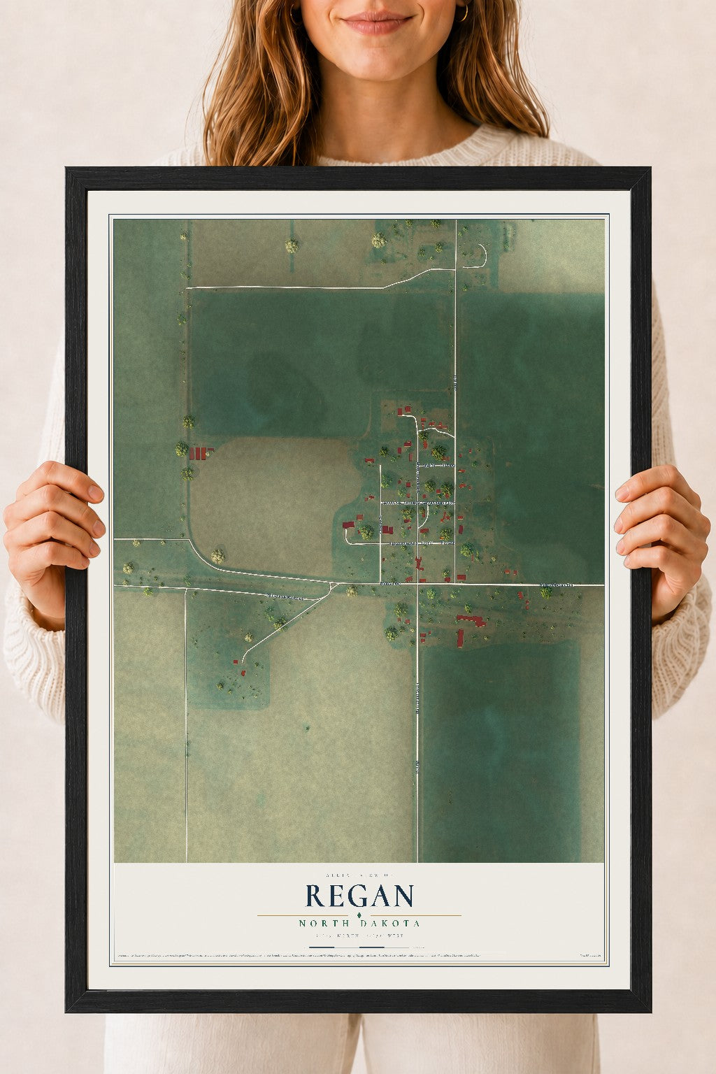 Map of Regan, North Dakota, 18 x 24 inch print in a black wood frame