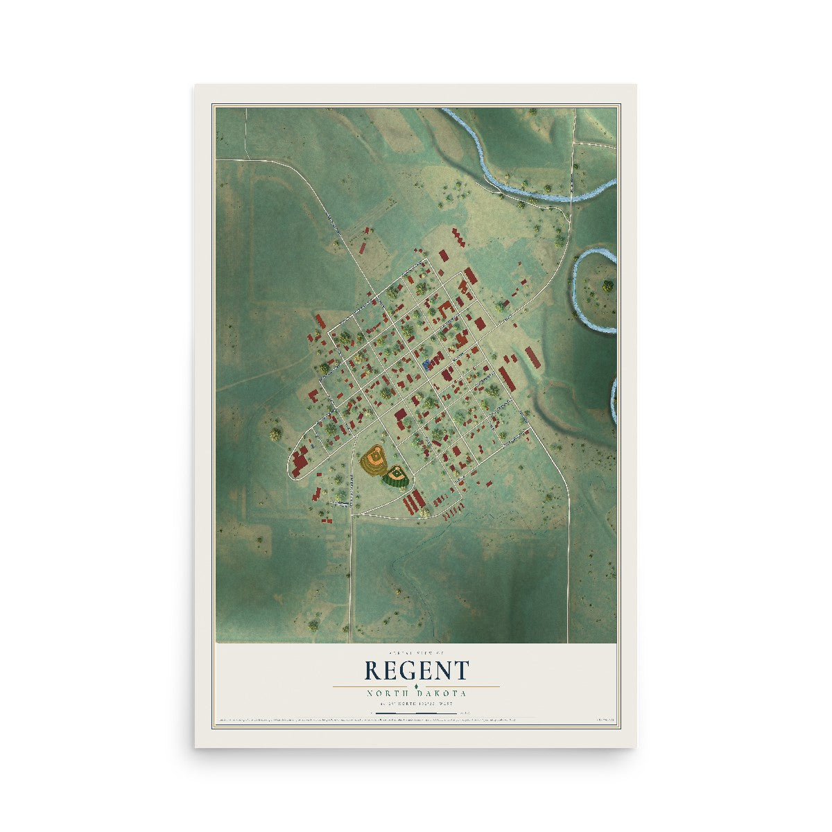 Map of Regent, North Dakota, 12 x 18 inch unframed archival matte print