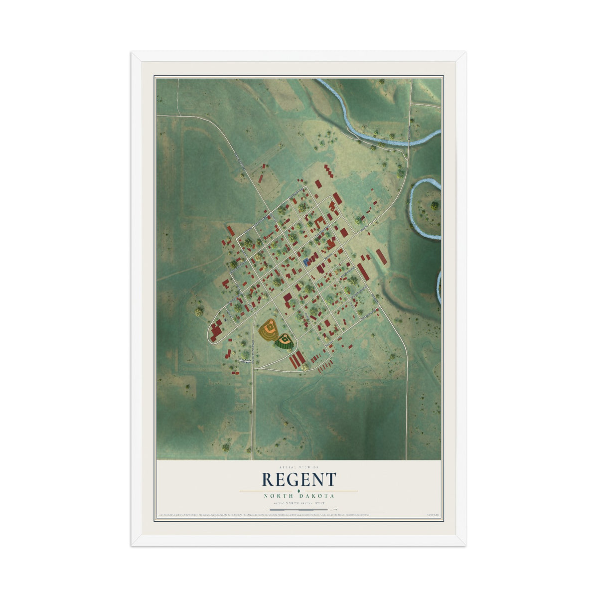 Map of Regent, North Dakota, 12 x 18 inch print in a white wood frame