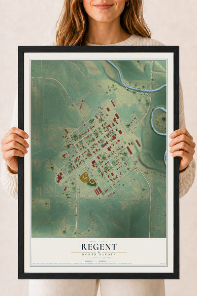 Map of Regent, North Dakota, 18 x 24 inch print in a black wood frame