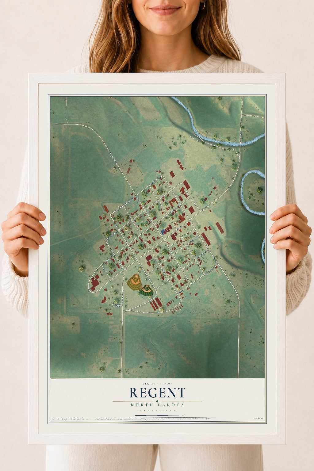 Map of Regent, North Dakota, 18 x 24 inch print in a white wood frame