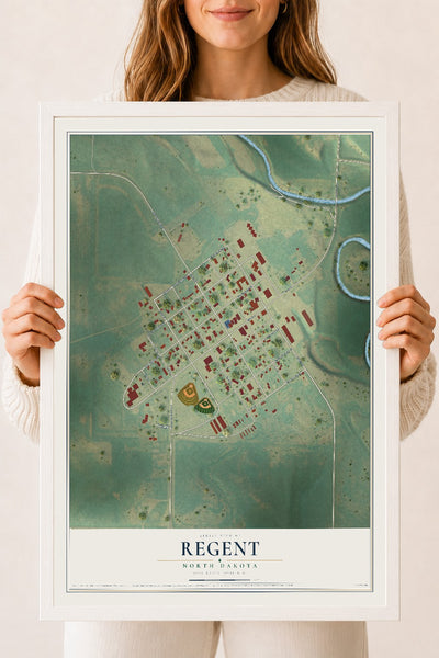 Map of Regent, North Dakota, 18 x 24 inch print in a white wood frame