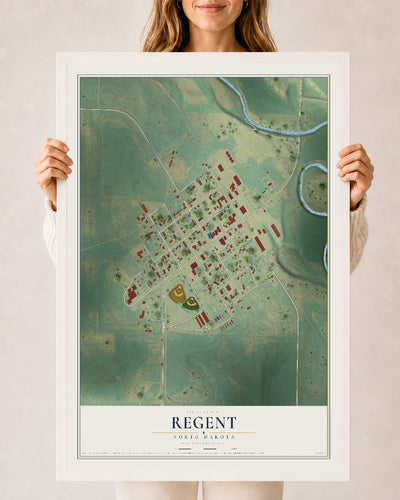 Map of Regent, North Dakota, 24 x 36 inch print in a white wood frame