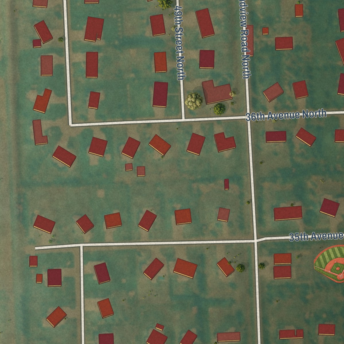 Close-up of the map of Reile's Acres, North Dakota print showing street and building detail