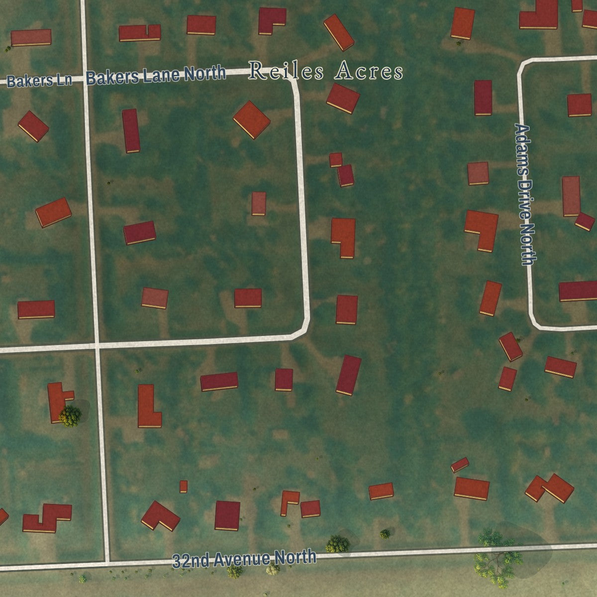 Second close-up of the map of Reile's Acres, North Dakota print showing more streets and buildings