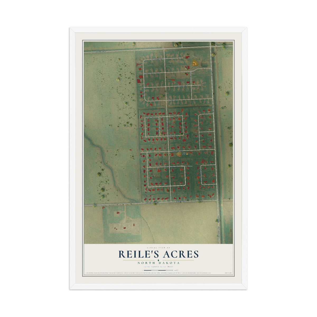 Map of Reile's Acres, North Dakota, 12 x 18 inch print in a white wood frame