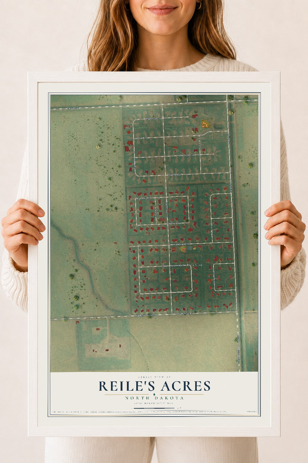 Map of Reile's Acres, North Dakota, 18 x 24 inch print in a white wood frame