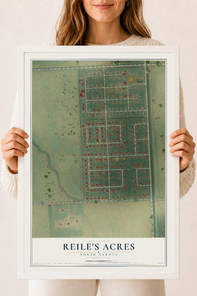 Map of Reile's Acres, North Dakota, 18 x 24 inch print in a white wood frame