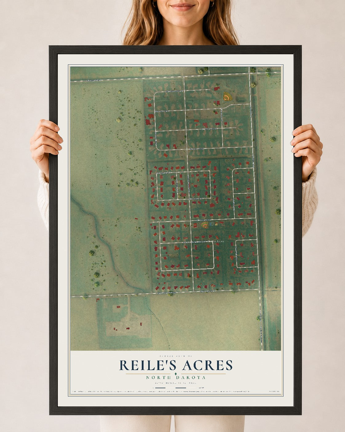 Map of Reile's Acres, North Dakota, 24 x 36 inch print in a black wood frame