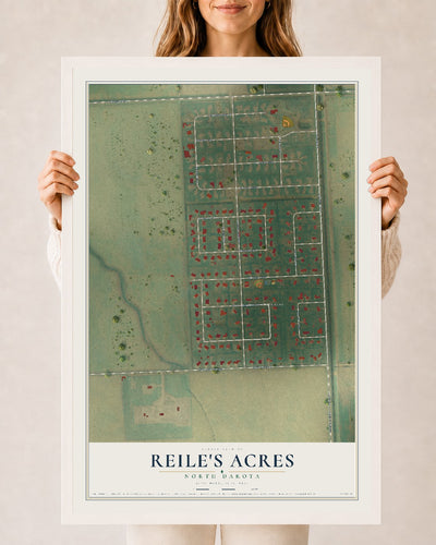 Map of Reile's Acres, North Dakota, 24 x 36 inch print in a white wood frame