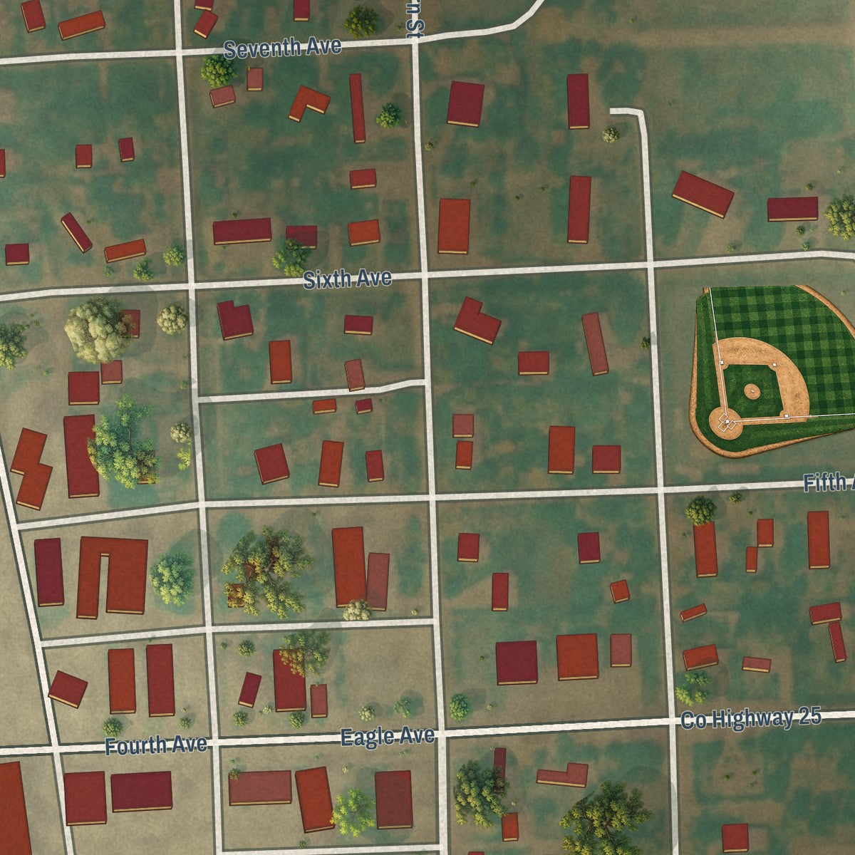 Close-up of the map of Reynolds, North Dakota print showing street and building detail