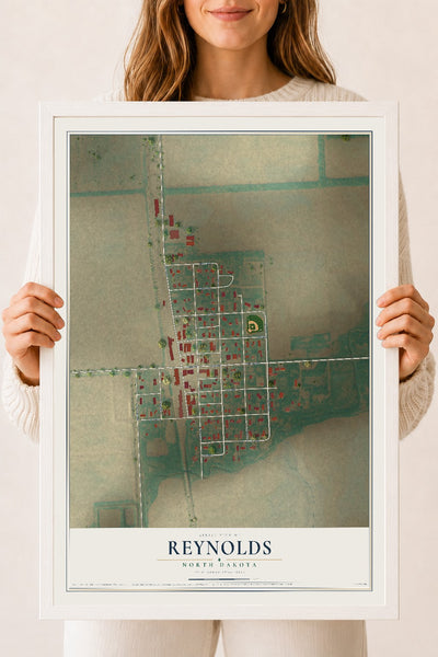 Map of Reynolds, North Dakota, 18 x 24 inch print in a white wood frame