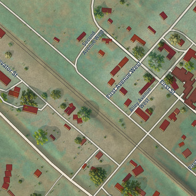 Close-up of the map of Rhame, North Dakota print showing street and building detail