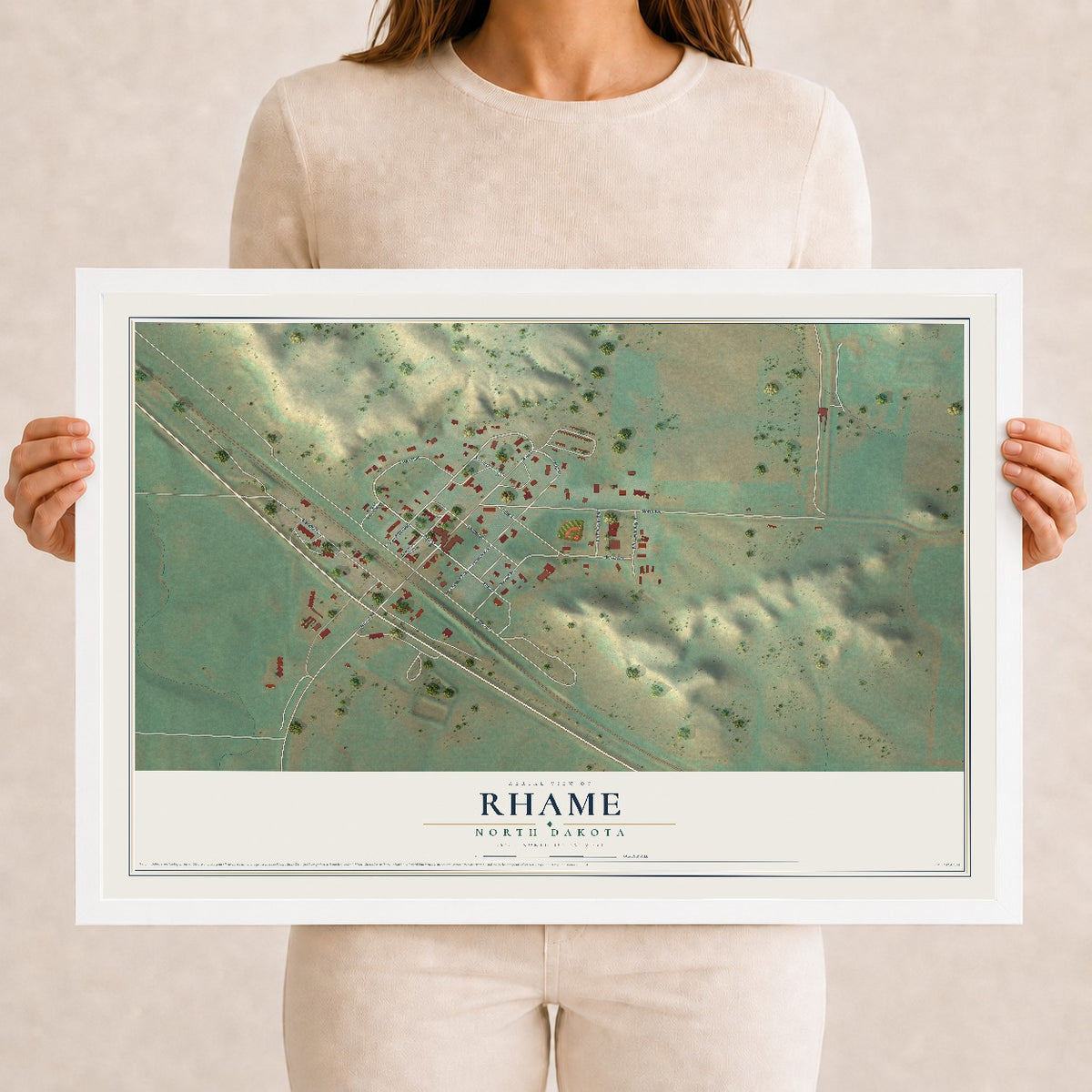 Map of Rhame, North Dakota, 12 x 18 inch print in a white wood frame