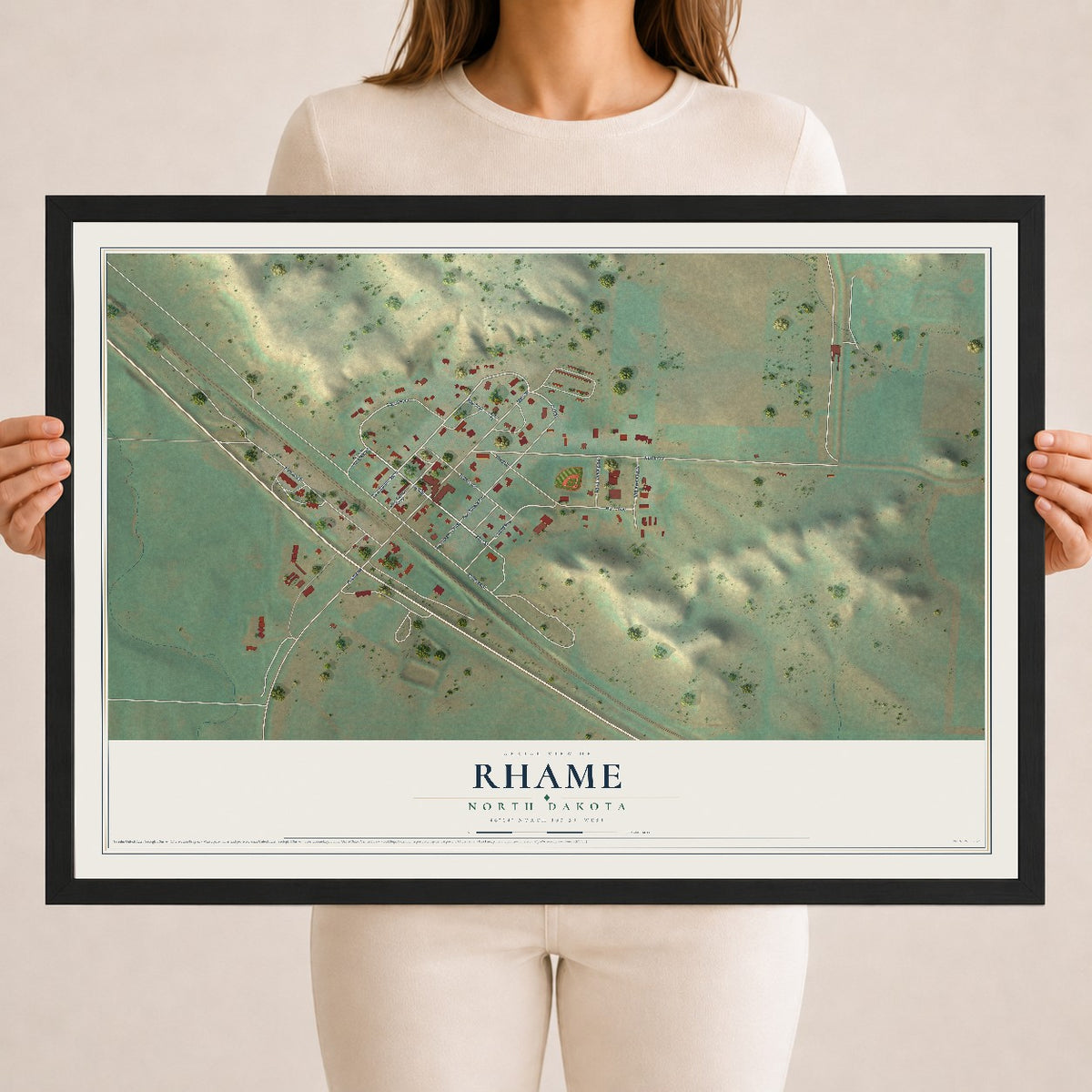 Map of Rhame, North Dakota, 18 x 24 inch print in a black wood frame