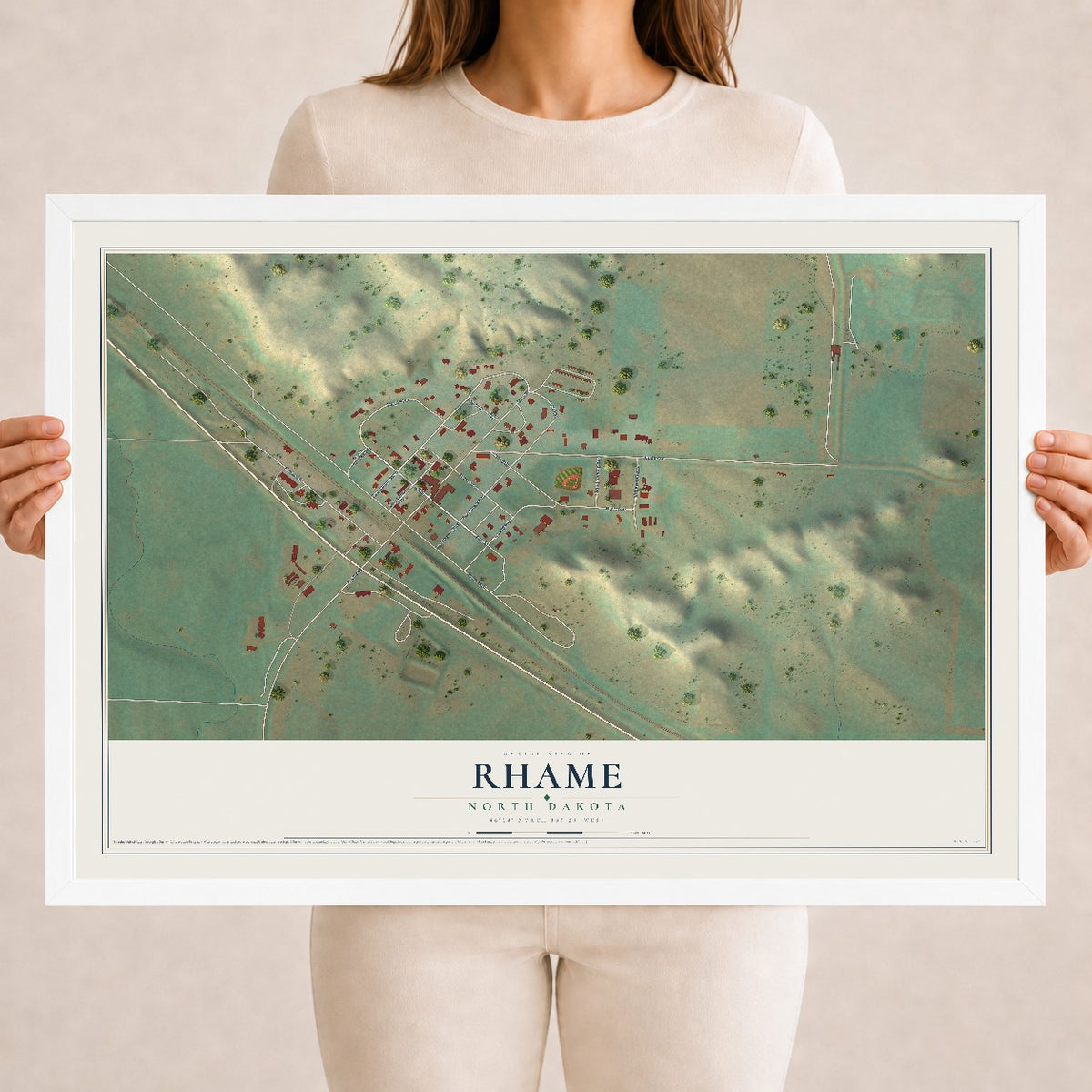 Map of Rhame, North Dakota, 18 x 24 inch print in a white wood frame