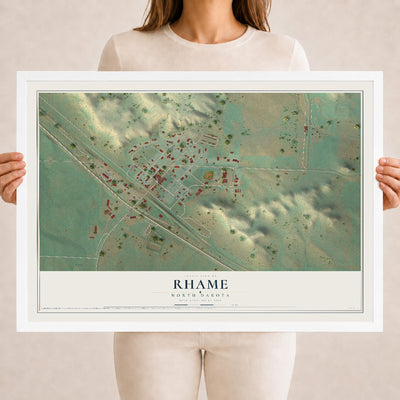 Map of Rhame, North Dakota, 18 x 24 inch print in a white wood frame