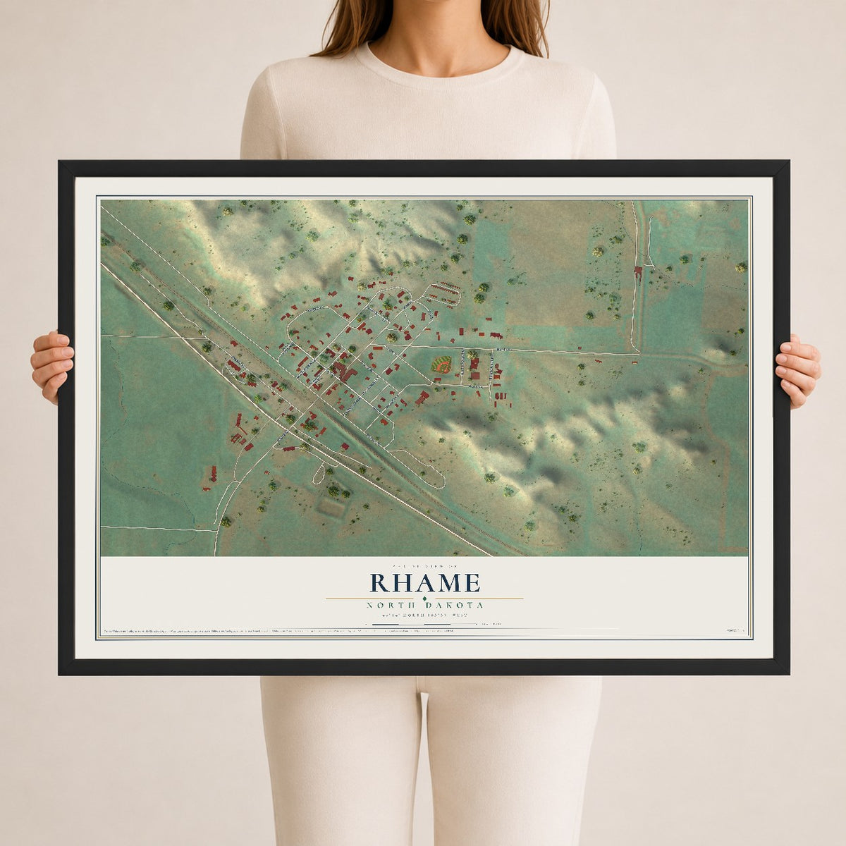 Map of Rhame, North Dakota, 24 x 36 inch print in a black wood frame