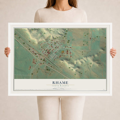 Map of Rhame, North Dakota, 24 x 36 inch print in a white wood frame