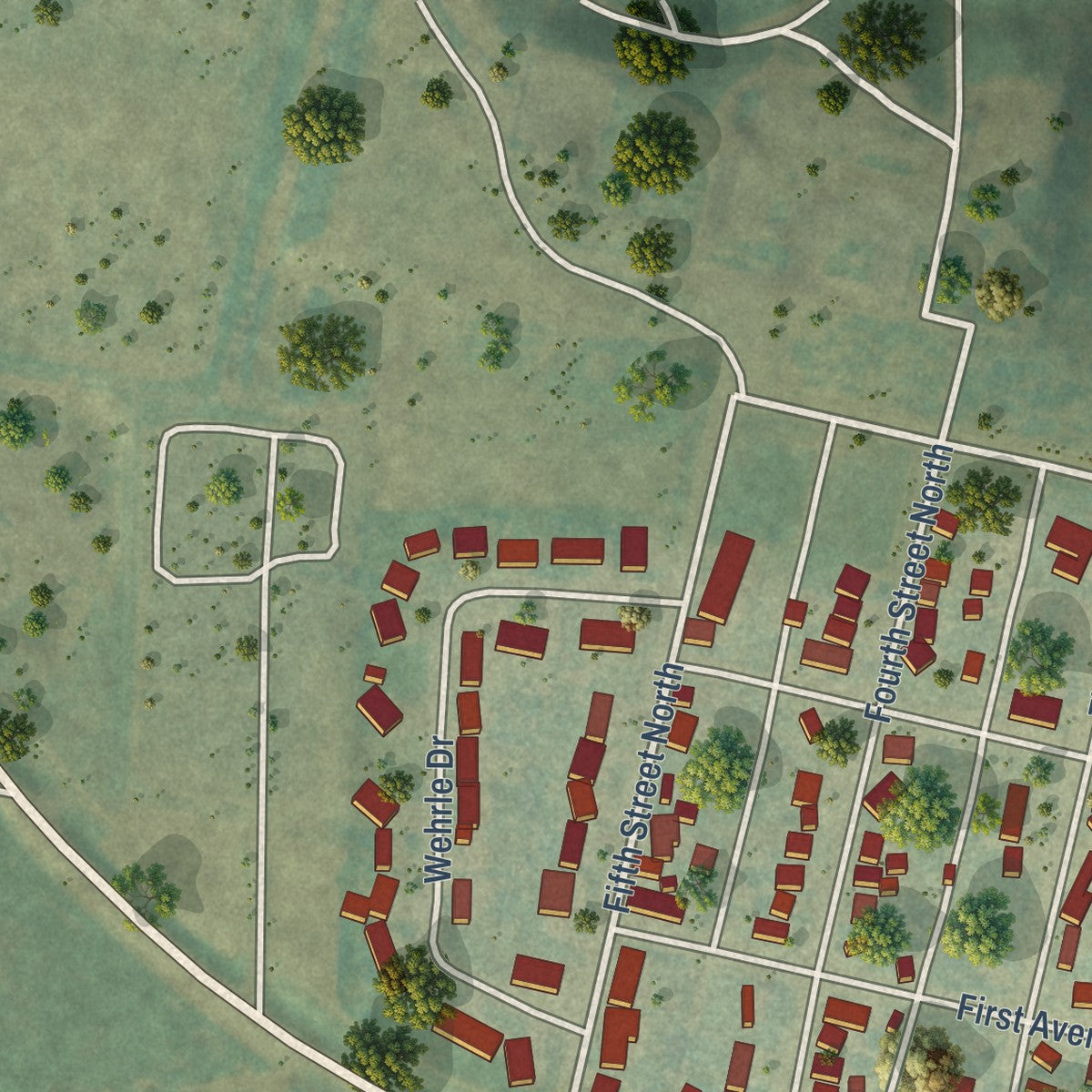 Second close-up of the map of Richardton, North Dakota print showing more streets and buildings
