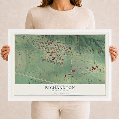Map of Richardton, North Dakota, 12 x 18 inch print in a white wood frame