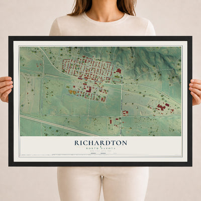 Map of Richardton, North Dakota, 18 x 24 inch print in a black wood frame
