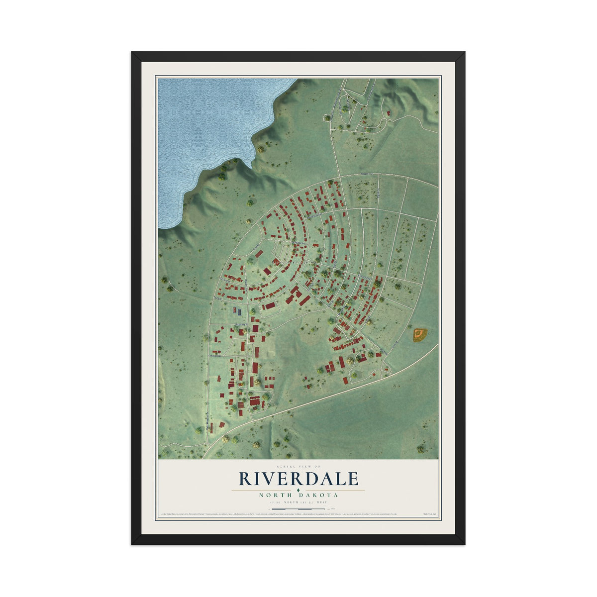 Map of Riverdale, North Dakota, 12 x 18 inch print in a black wood frame