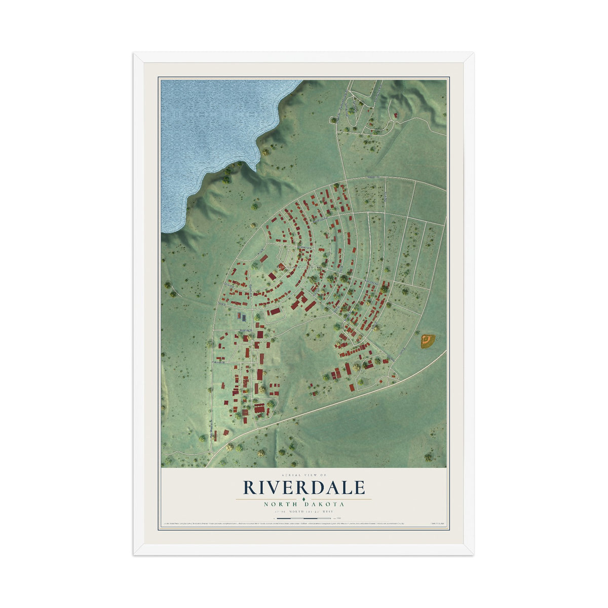Map of Riverdale, North Dakota, 12 x 18 inch print in a white wood frame