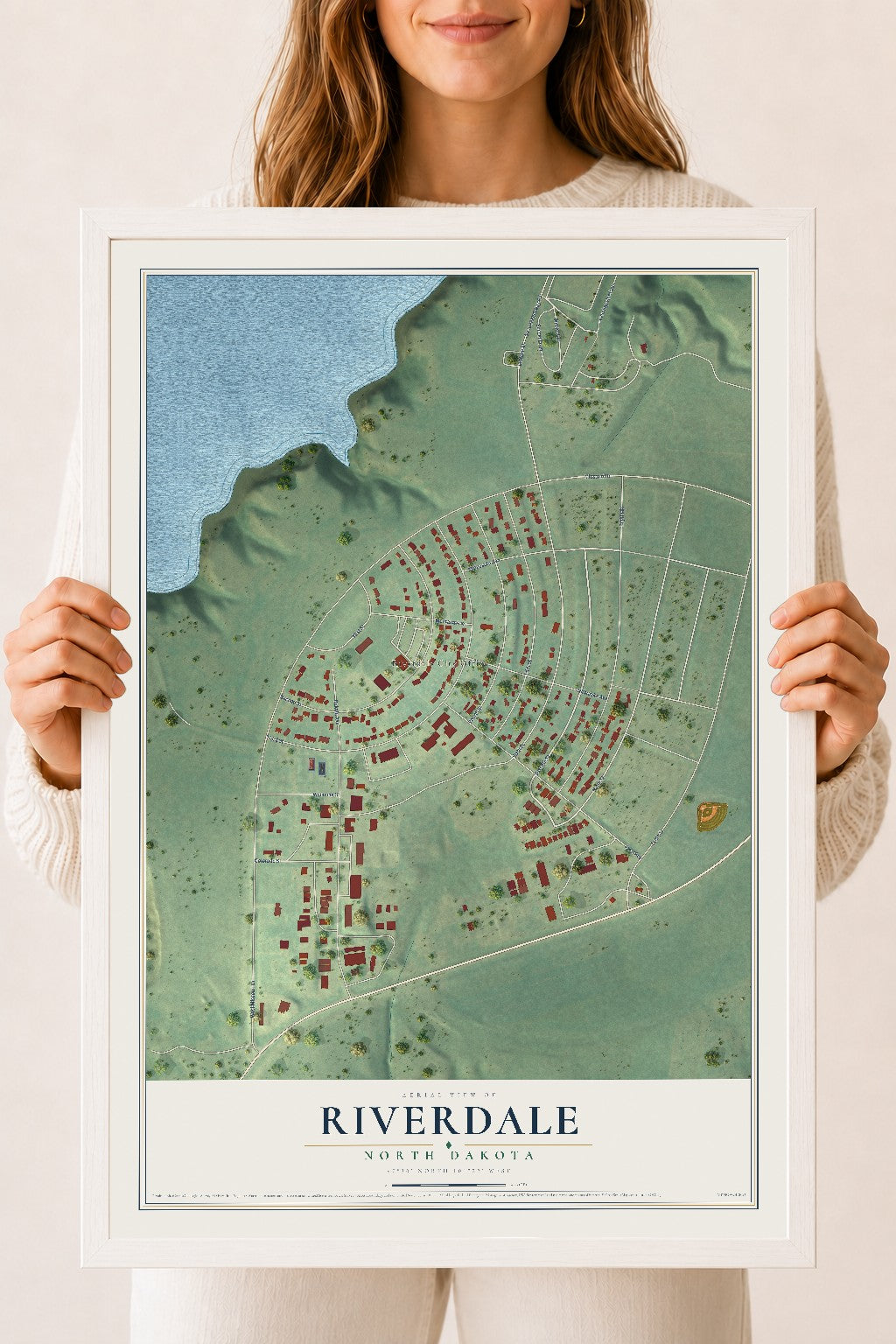 Map of Riverdale, North Dakota, 18 x 24 inch print in a white wood frame