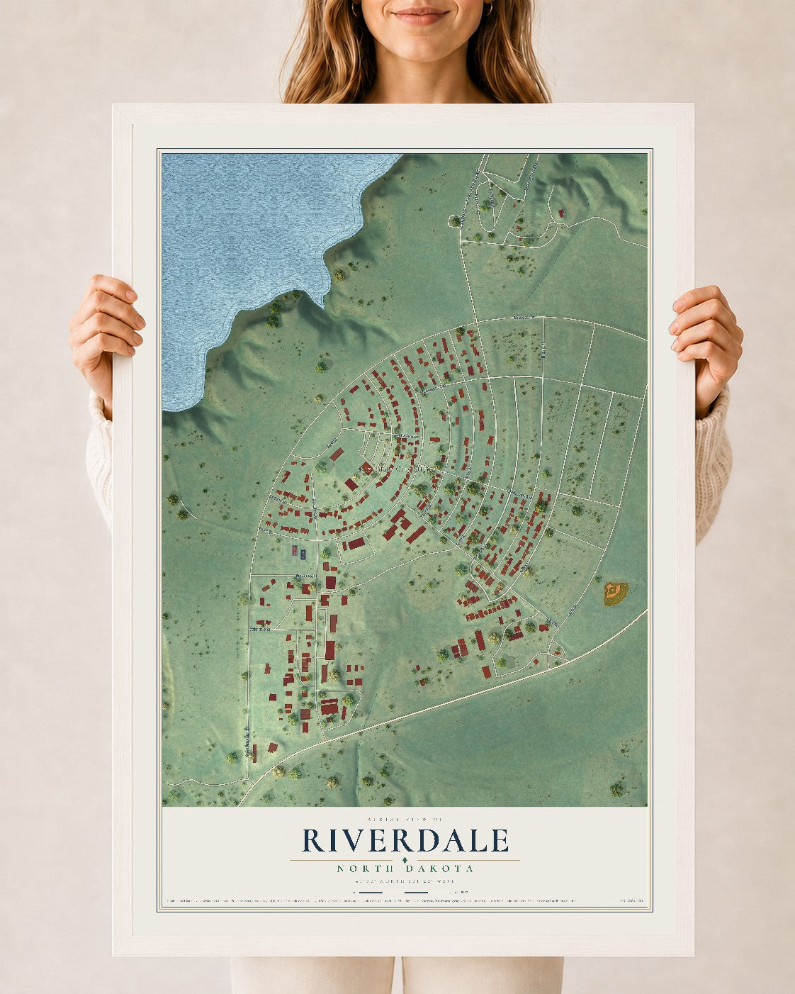 Map of Riverdale, North Dakota, 24 x 36 inch print in a white wood frame