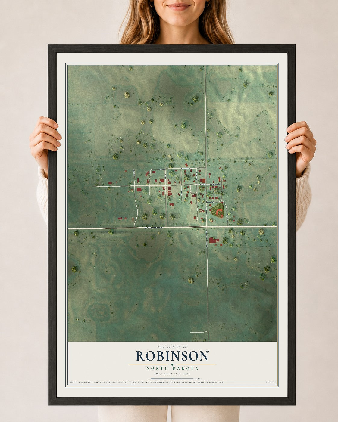 Map of Robinson, North Dakota, 24 x 36 inch print in a black wood frame