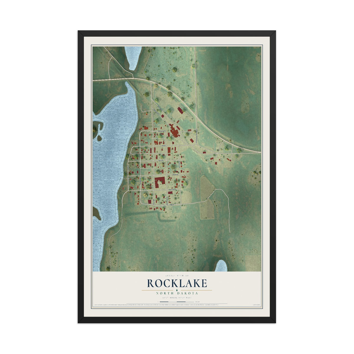 Map of Rocklake, North Dakota, 12 x 18 inch print in a black wood frame