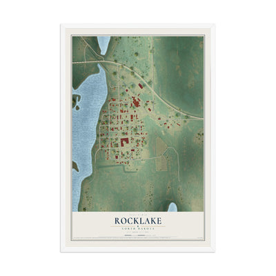 Map of Rocklake, North Dakota, 12 x 18 inch print in a white wood frame