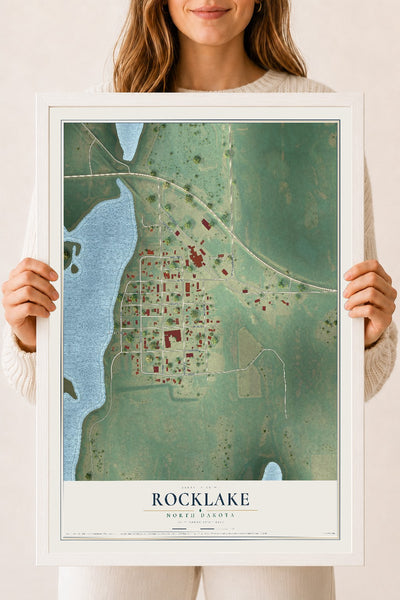 Map of Rocklake, North Dakota, 18 x 24 inch print in a white wood frame